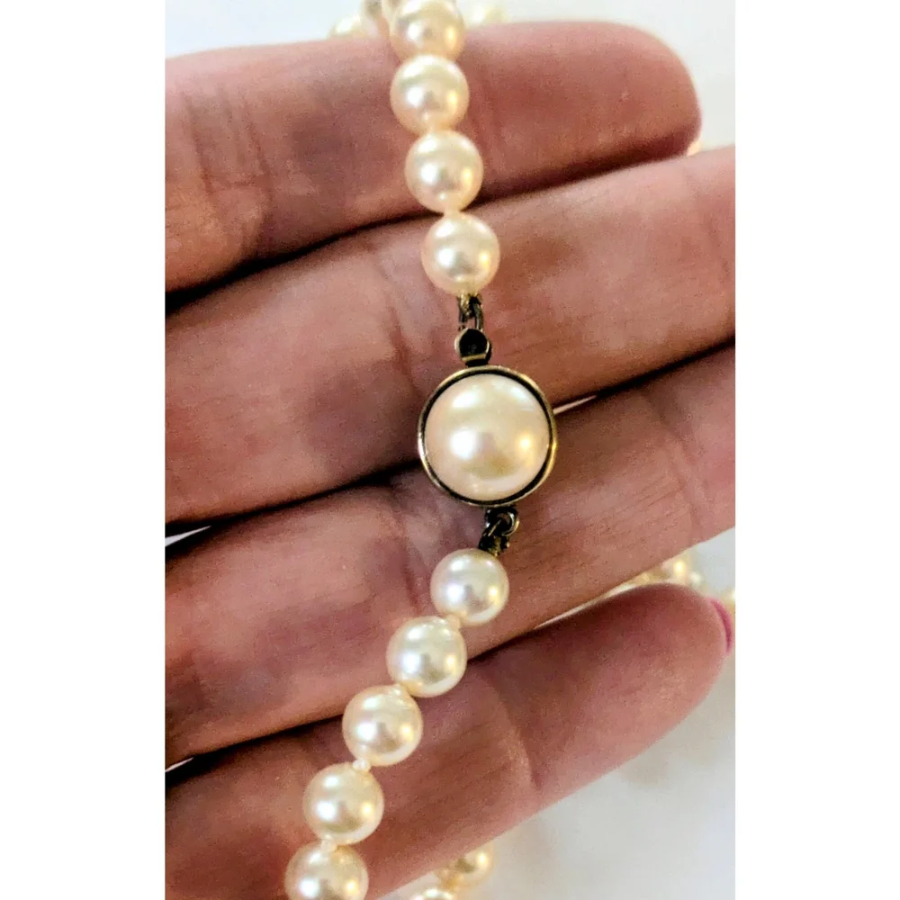 Vintage Gold Over Sterling Silver Knotted Glass Pearl Necklace w Box Clasp 24
